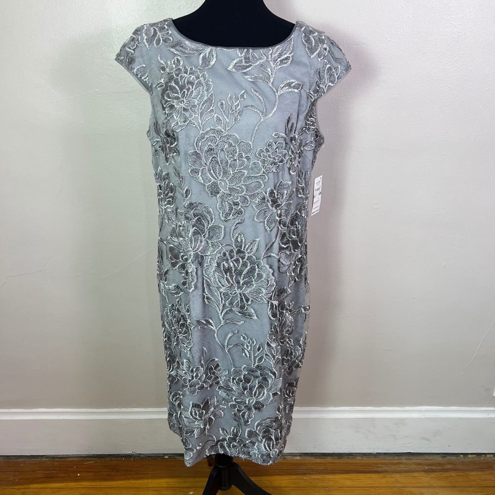 Alex Evenings Size 16 Silver Floral Embroidered Mesh Sheath Dress NWT $195